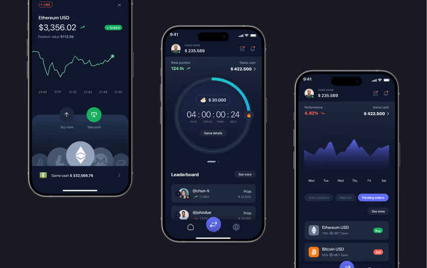 TradeStars trading app mobile UI displaying portfolio balance, charts and transaction history