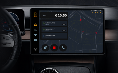 Lahitaksi in-vehicle taximeter interface on a car dashboard display, showing a fare amount, a live map with route markers, and nearby ride requests