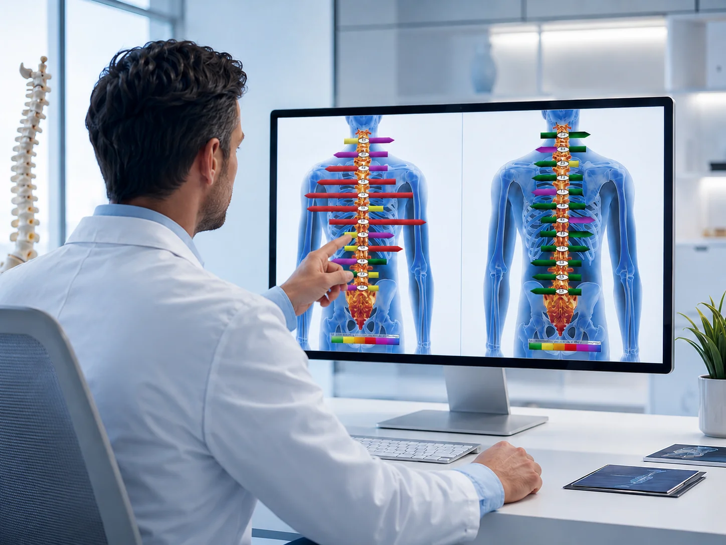 Illustration of spinal muscle pattern scanning and digital posture analysis
