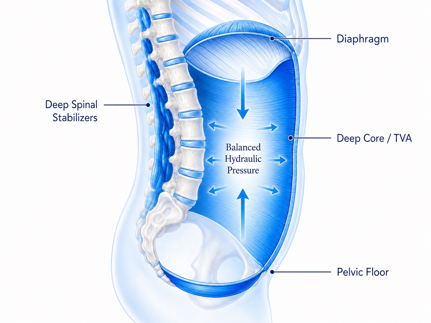 Balanced hydraulic pressure system showing diaphragm, pelvic floor, deep core, and spinal stabilizers supporting the lower back