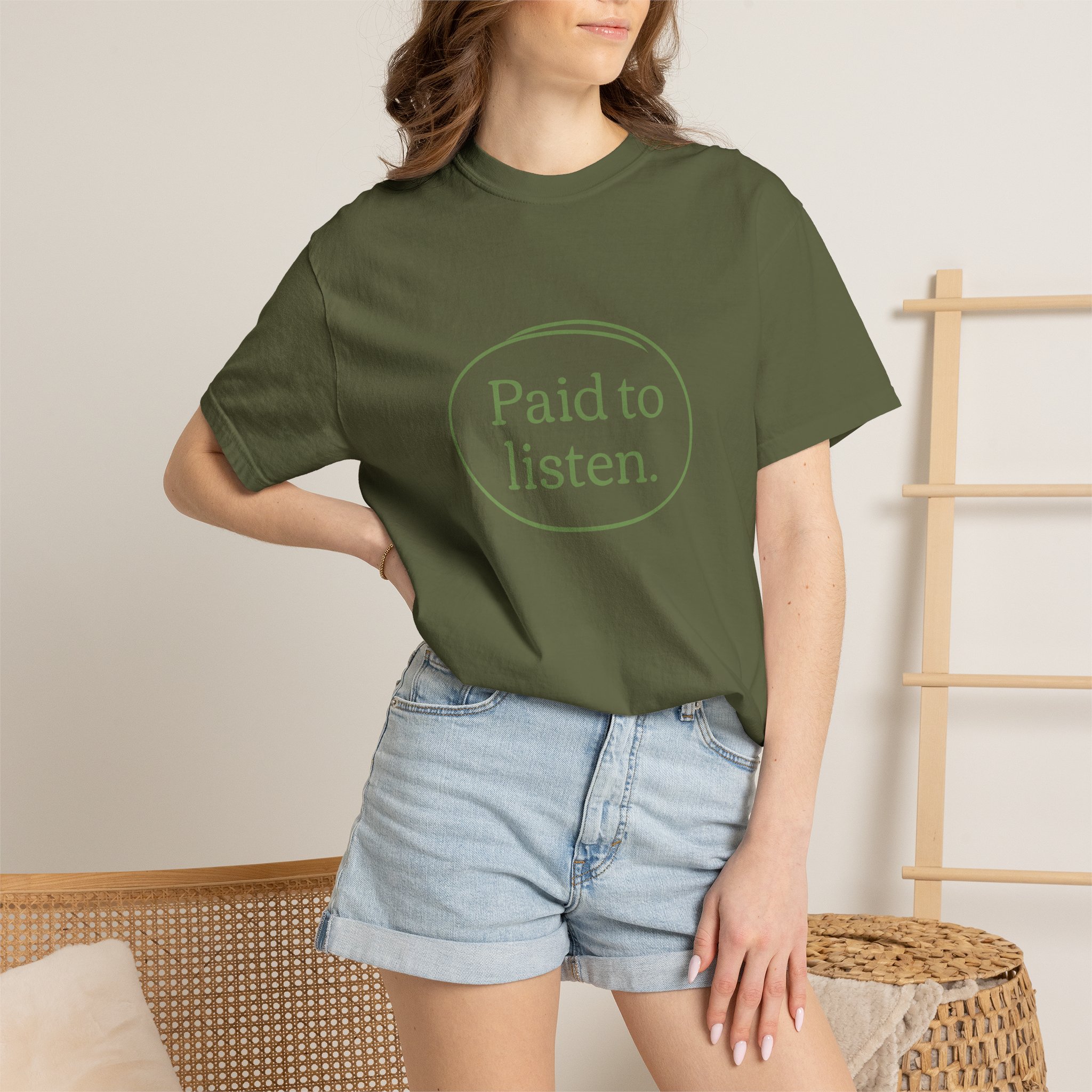 paid to listen t-shirt worn by female model