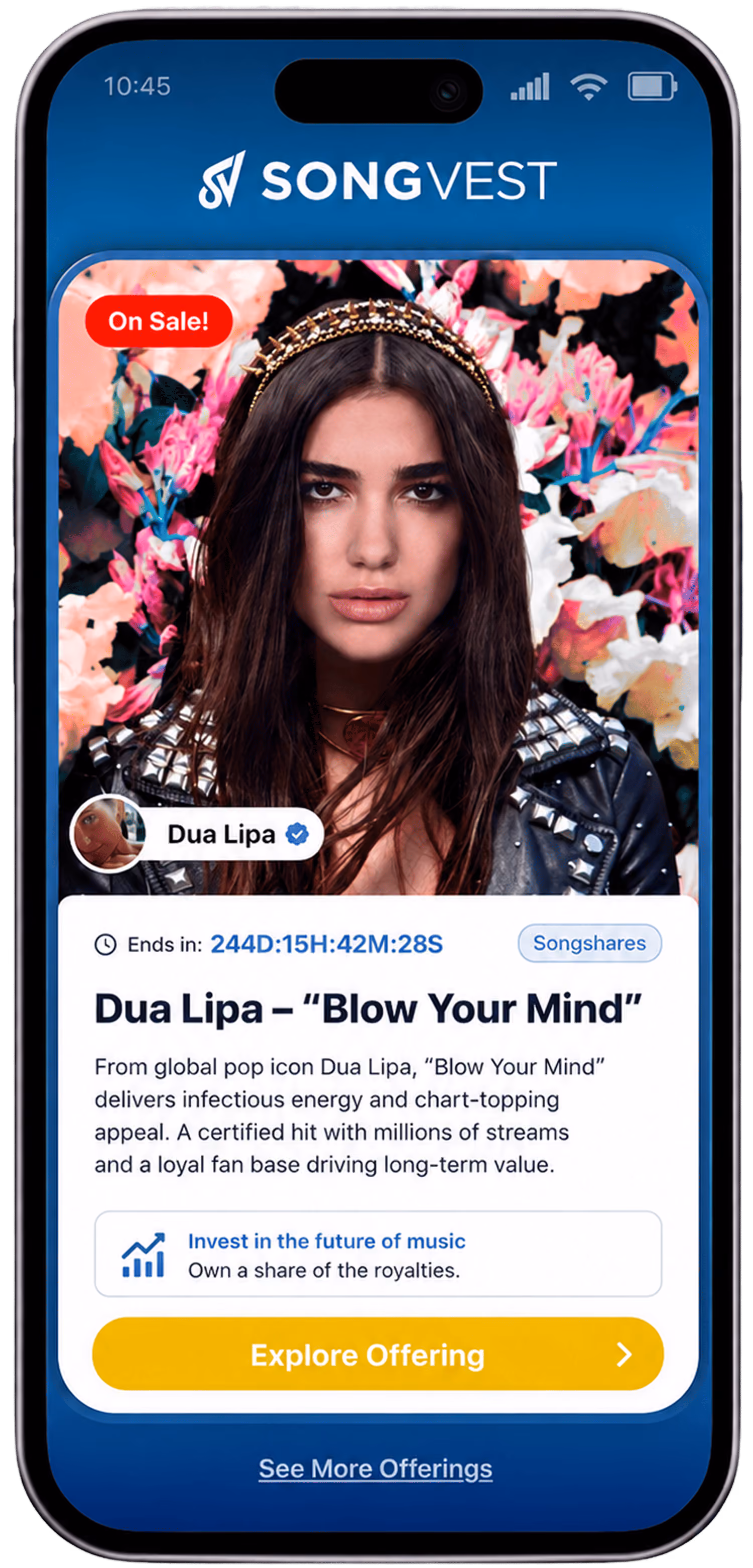 SongVest mobile offering experience featuring artist Dua Lipa