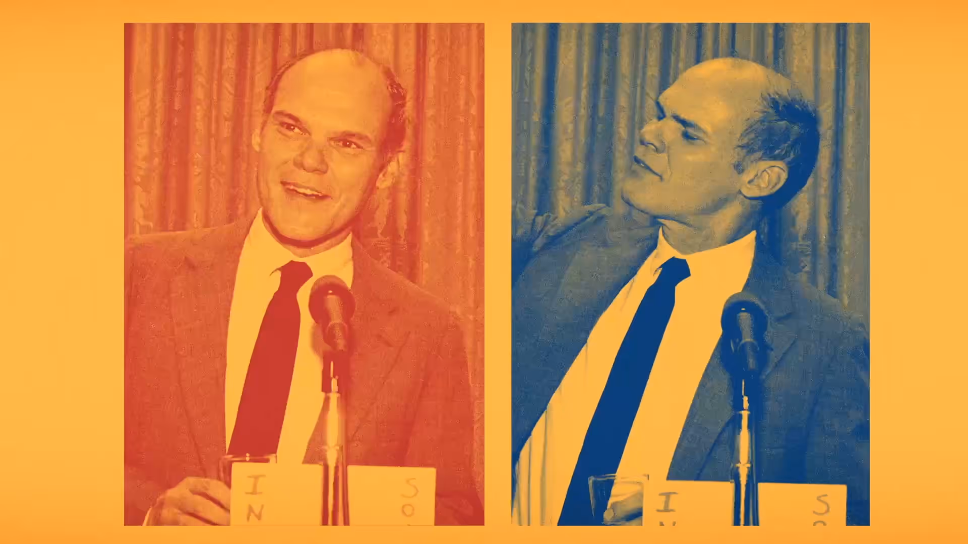 Two side by side images of James Carville, each a different color, from the HBO/CNN film Winning is Everything, Stupid!