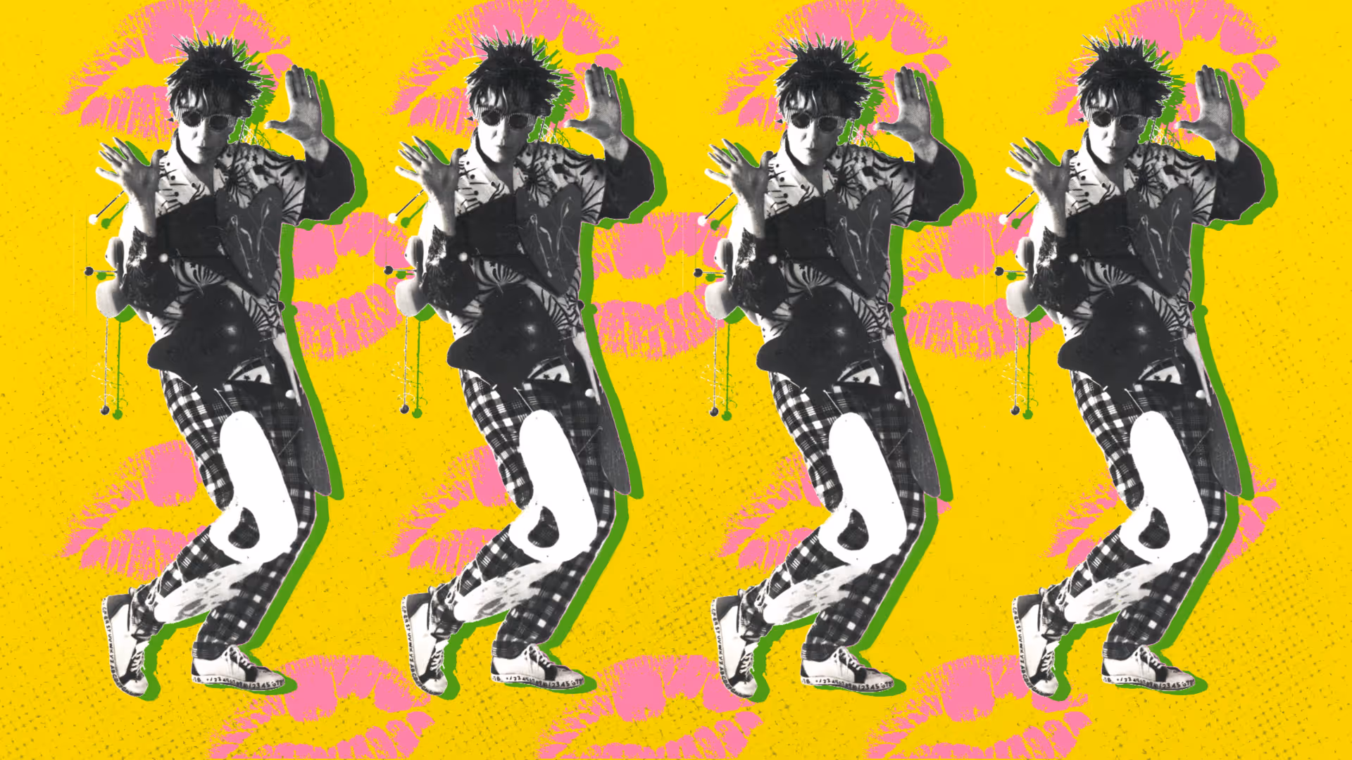 A bright graphic with a repeat image of a woman in a dance pose, there are big lipstick kisses covering the background