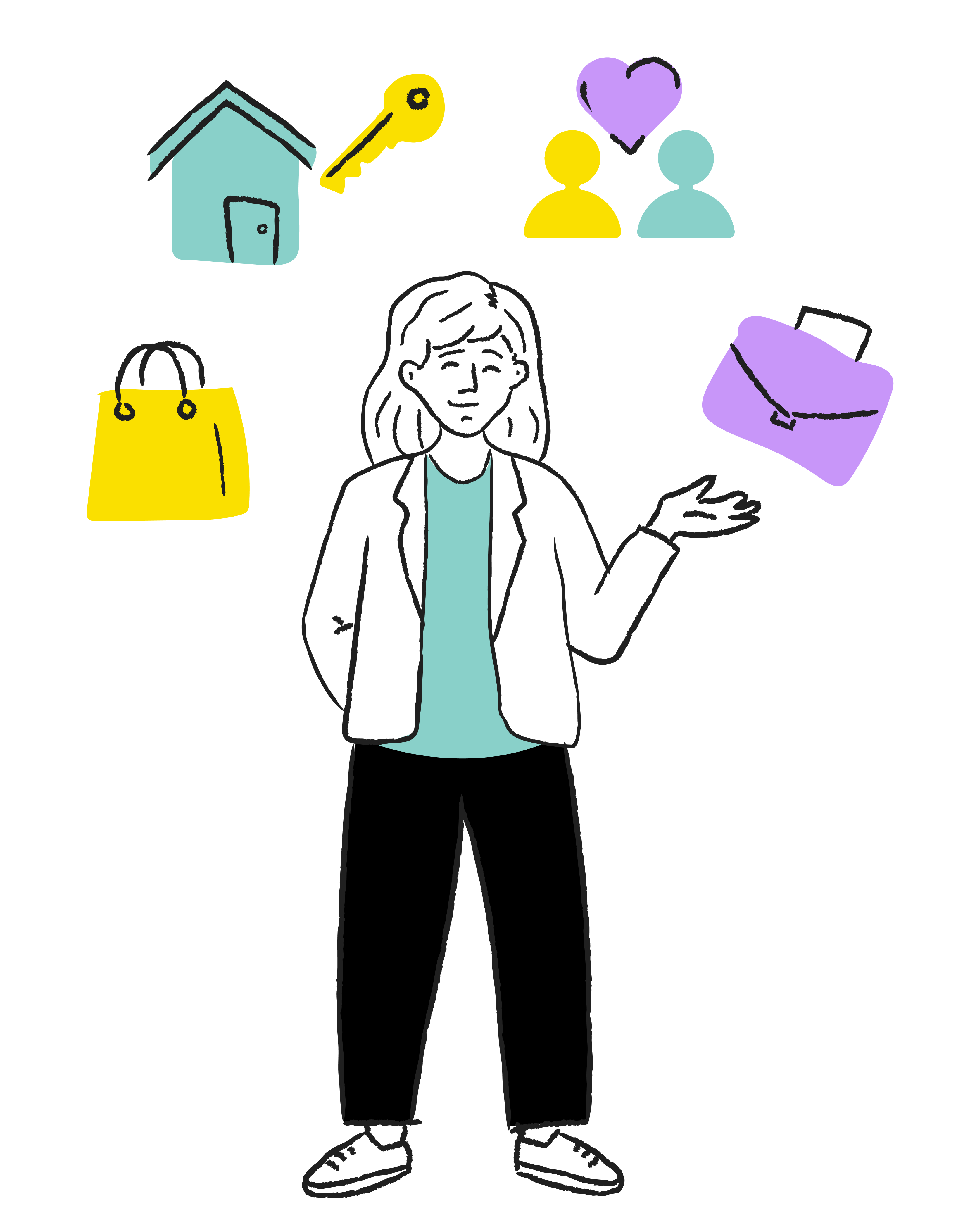 Illustration of a person standing with raised hand, surrounded by icons for housing, keys, shopping, work, and relationships, representing everyday life situations with legal aspects.
