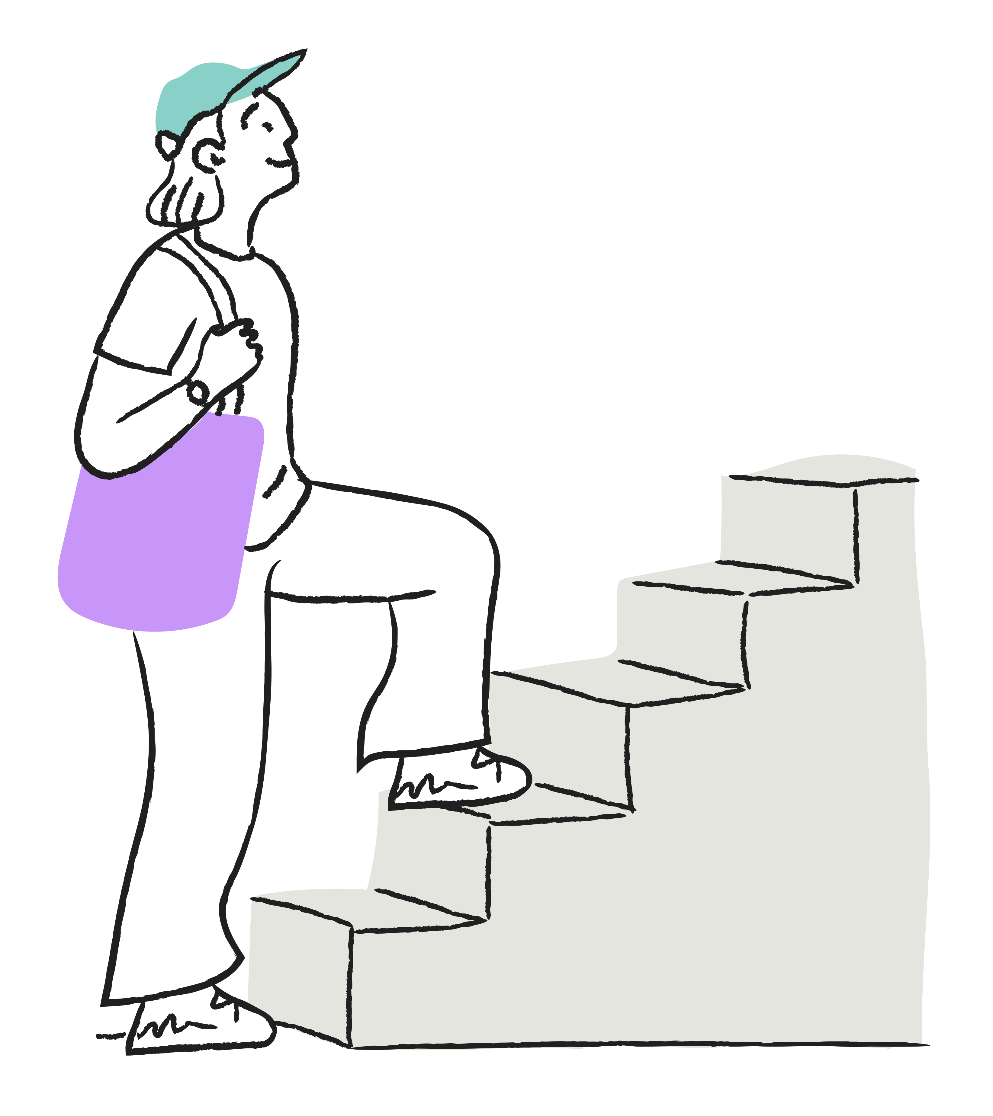 Illustration of a person with a backpack stepping up concrete stairs, symbolising progress or access to services, on a white background with simple line art and soft colours.