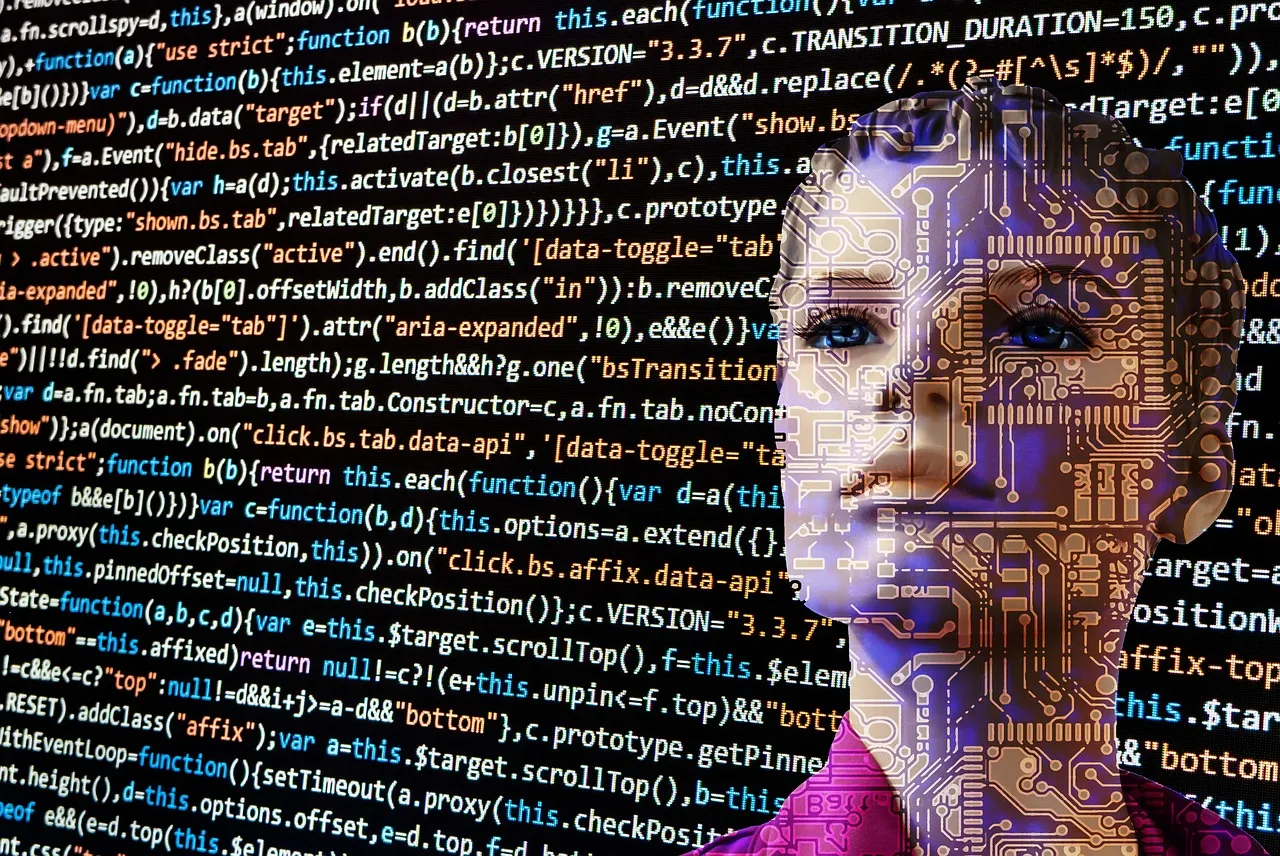 Robotic woman behind lines of code