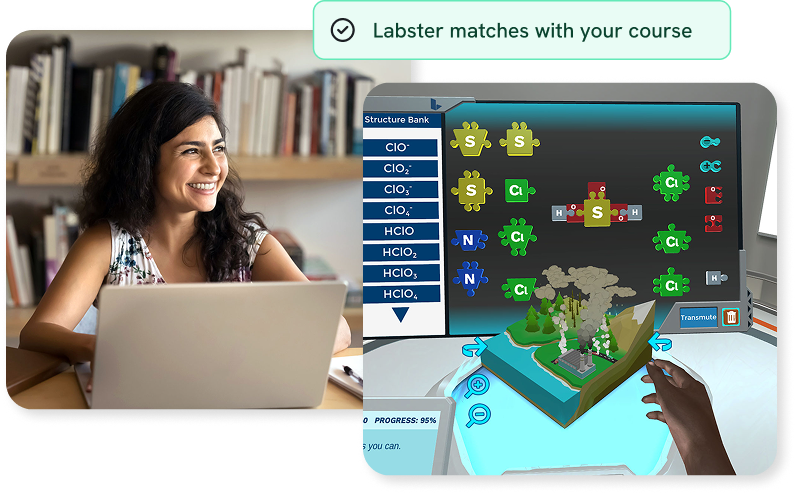 Smiling teacher and virtual science lab