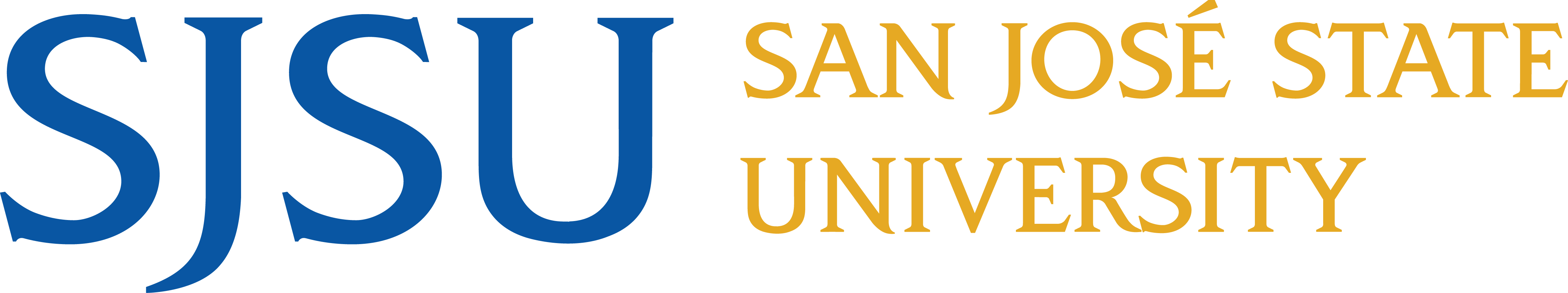 Logo displaying the acronym SJSU in large blue letters with the text 'San José State University' in smaller gold letters to the right.
