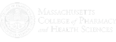 Seal of Massachusetts College of Pharmacy and Health Sciences featuring scales of justice and a horn of plenty on the left, with the college name to the right in serif and italic fonts.