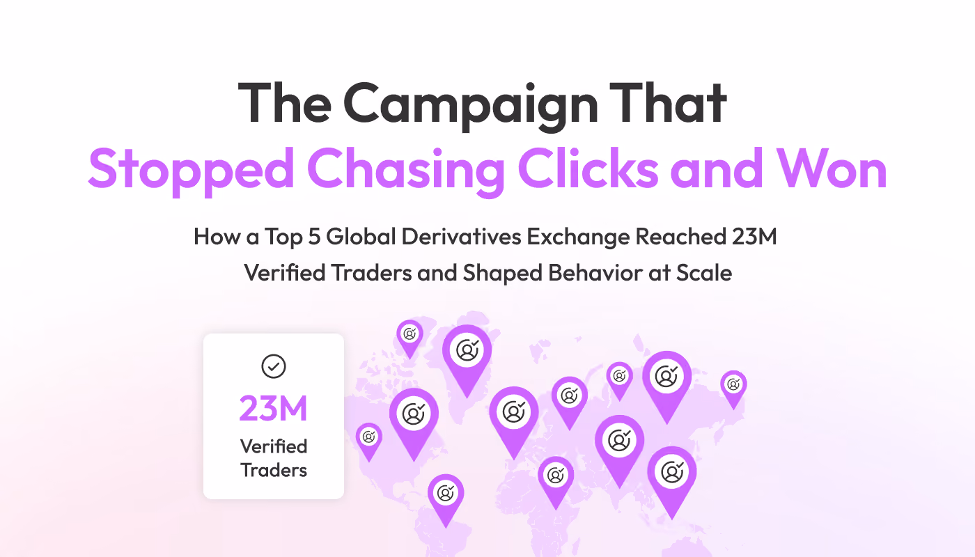 World map with purple location markers illustrating 23 million verified traders reached by a global derivatives exchange campaign.
