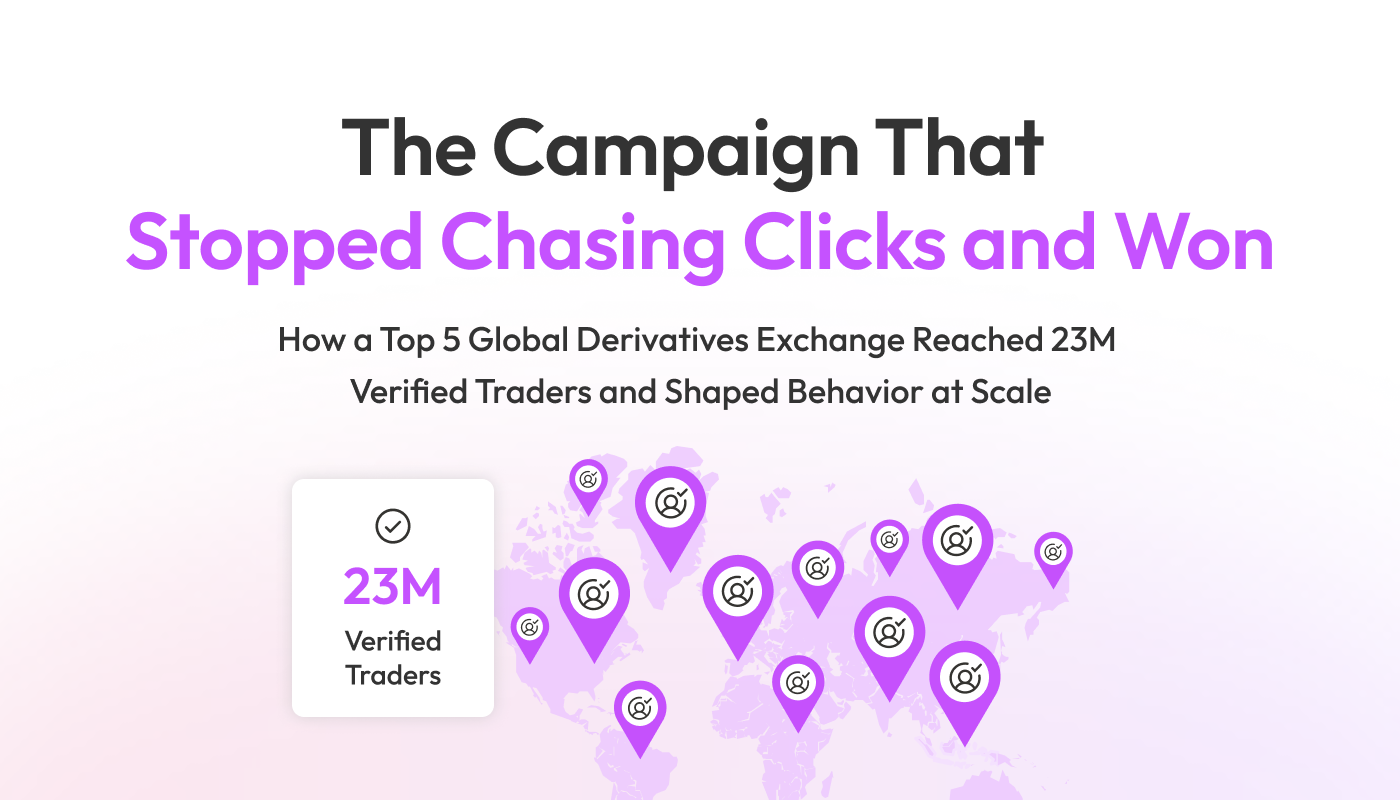 World map with purple location markers illustrating 23 million verified traders reached by a global derivatives exchange campaign.