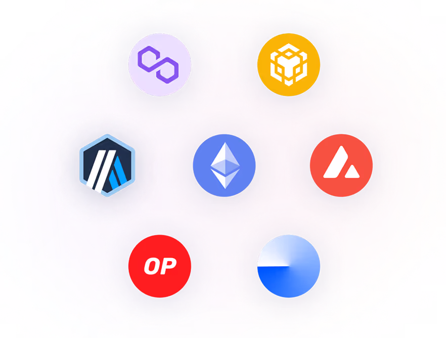 Seven cryptocurrency logos arranged in a hexagonal pattern on a purple background.