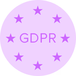 Circle of eight purple stars surrounding purple text GDPR on a light purple background.
