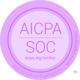 Purple AICPA SOC seal with text linking to aicpa.org/soc4so for service organizations.