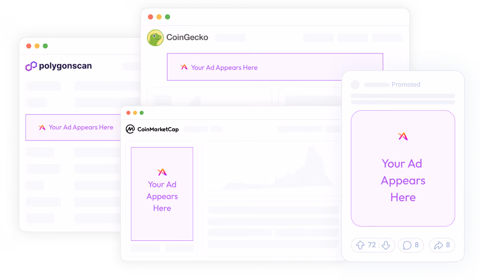 Digital illustration of three overlapping browser and mobile screens showing placeholder ads with the text 'Your Ad Appears Here' on sites named polygonscan, CoinGecko, and CoinMarketCap.