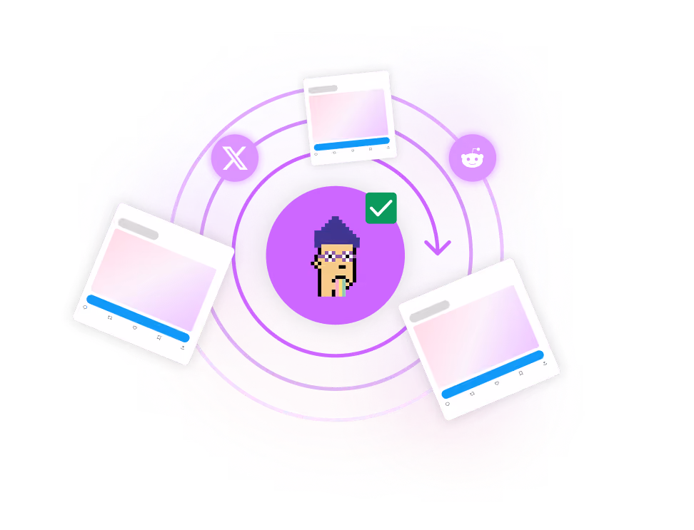 Central pixelated character with purple hair and tongue out inside a purple circle with a green checkmark, surrounded by three blank web page interface mockups connected by white circular arrows, with icons for X and Reddit in purple glowing circles.