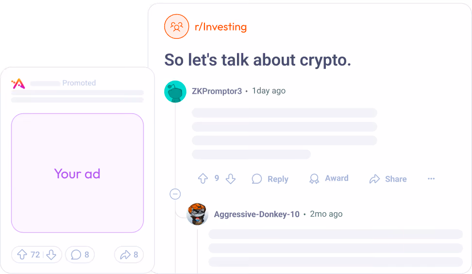 Screenshot of a Reddit conversation under the r/Investing community discussing cryptocurrency with user avatars and comments, alongside a promoted ad placeholder showing 'Your ad'.