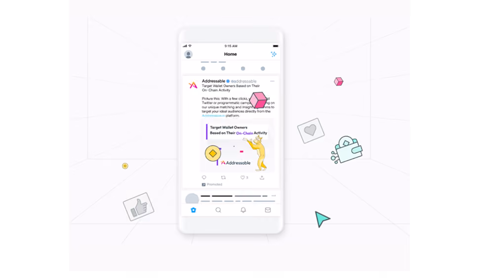 Smartphone screen showing a social media post by Addressable about targeting wallet owners based on their on-chain activity, with colorful digital icons like a pink hexagon, yellow diamond, thumbs-up, heart, and shopping bag floating around.