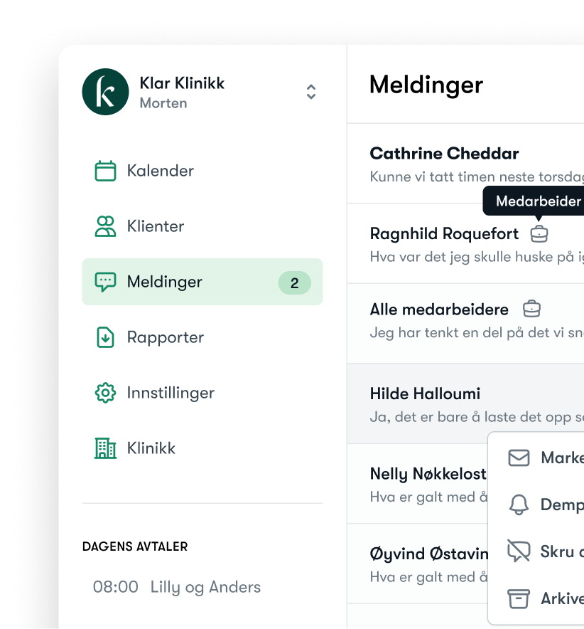 Screenshot of therapy practice management platform UI, Konfidens.
