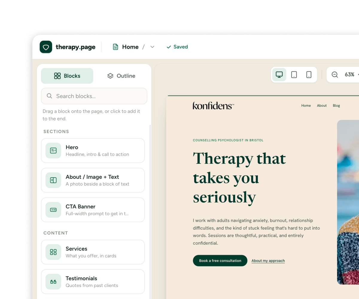 UI from the free website builder for therapists, counsellors and private practices – therapy.page