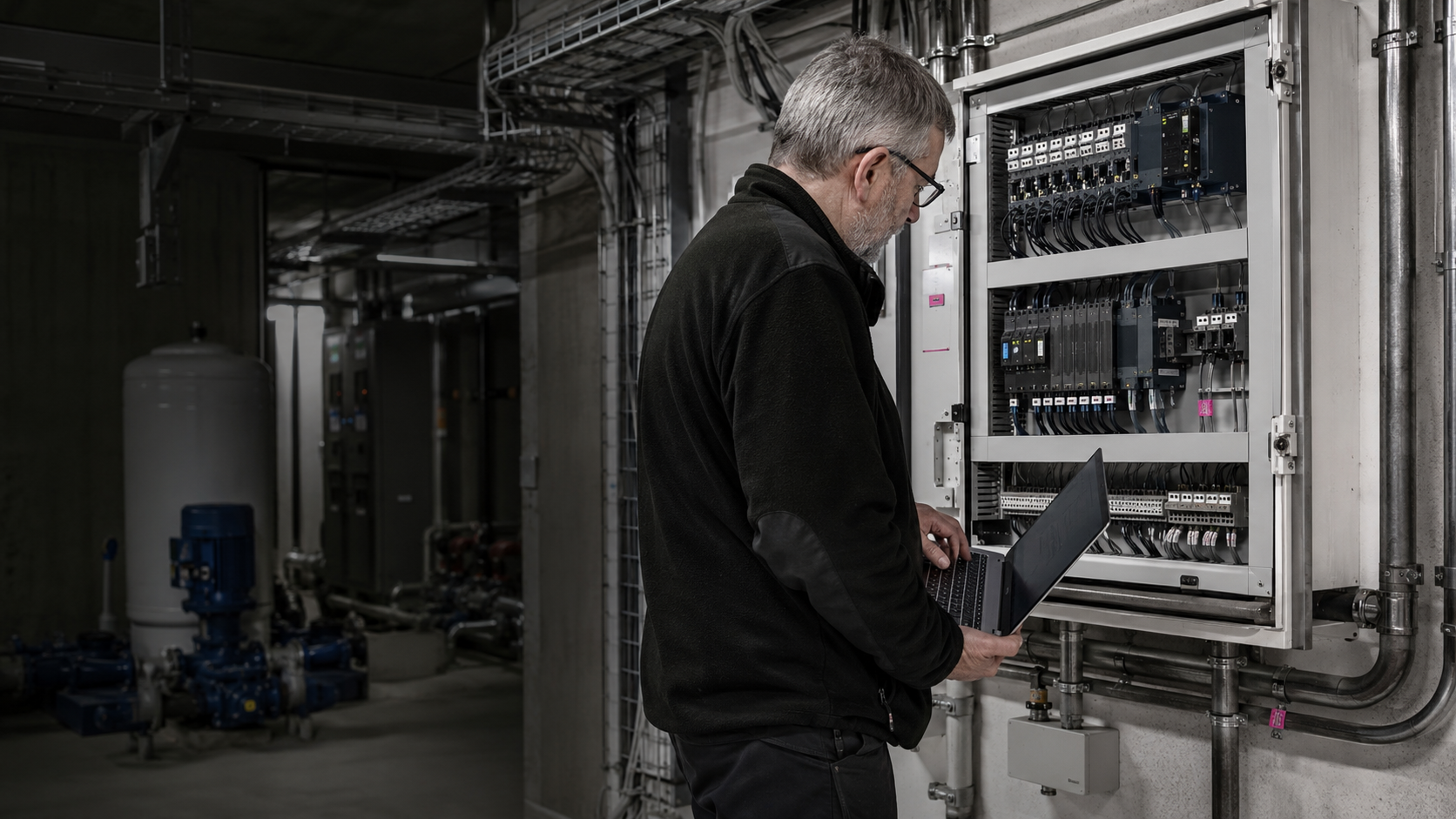 Engineer verifying a live building control panel