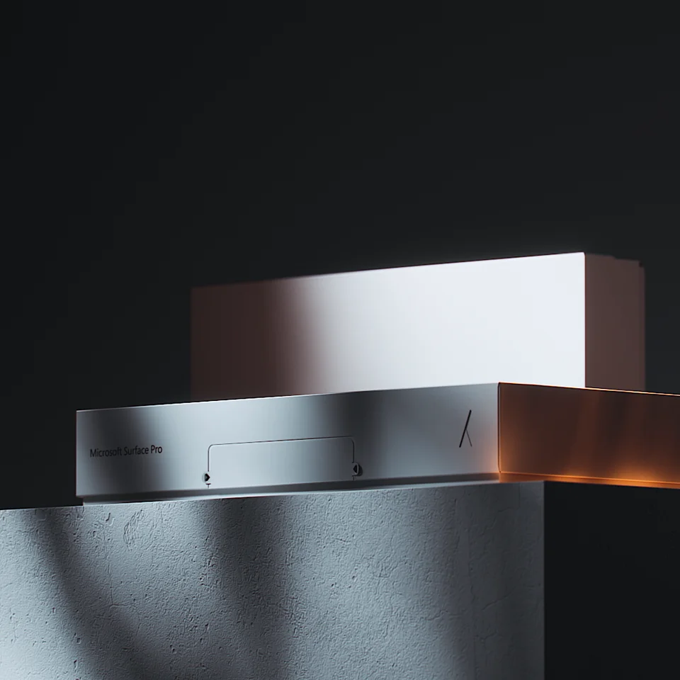 Stack of white Microsoft Surface Pro boxes on a dark plinth, 3D packaging film for Microsoft