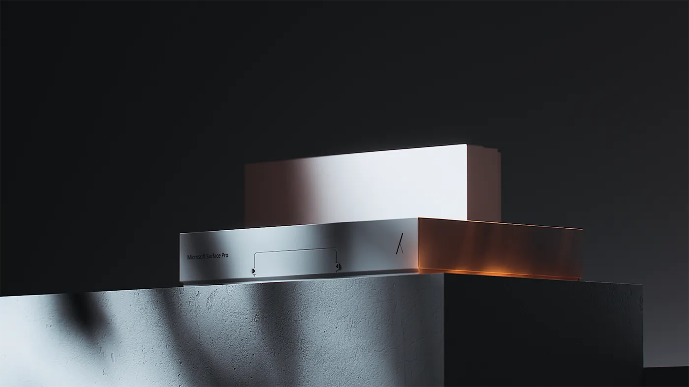 Stack of white Microsoft Surface Pro boxes on a dark plinth, 3D packaging film for Microsoft