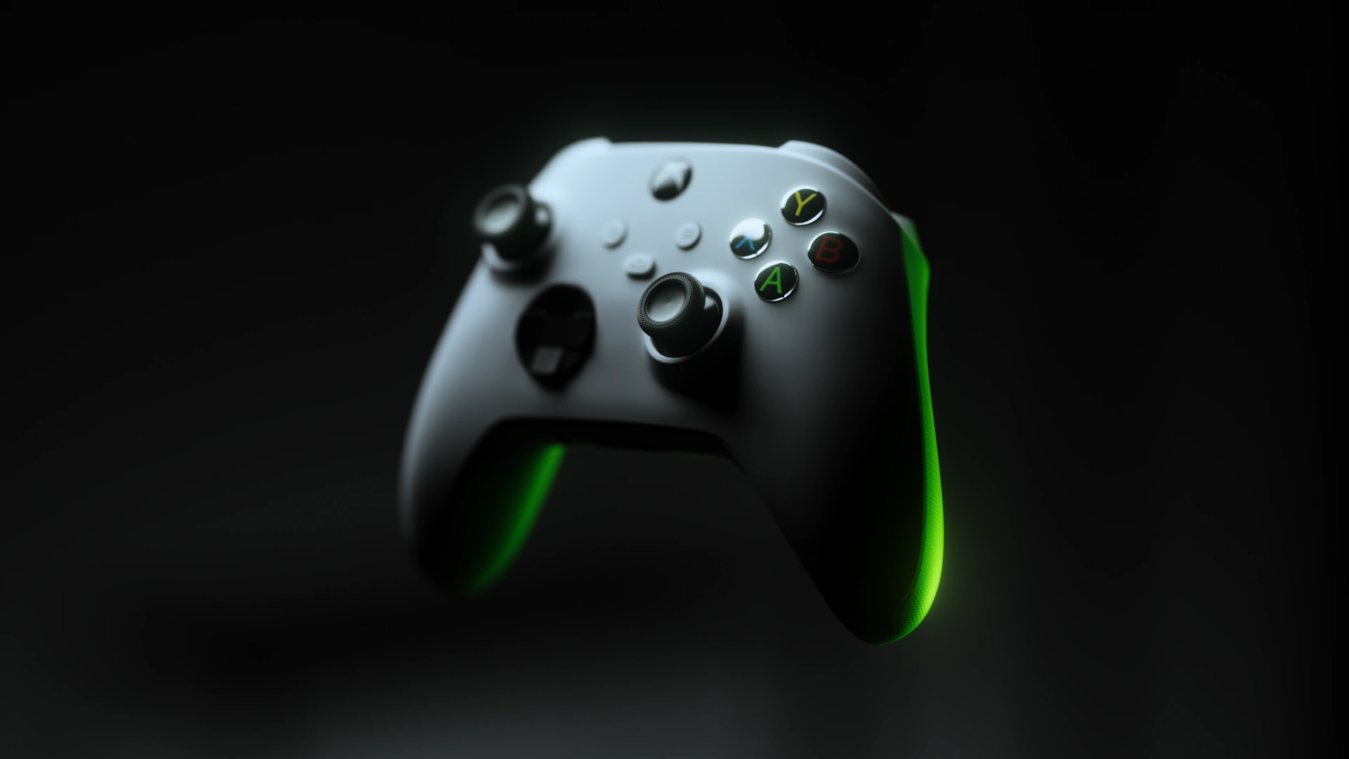 Opening shot of the XBOX accessible packaging film: a green light line traces the dark box in a cinematic 3D rendering