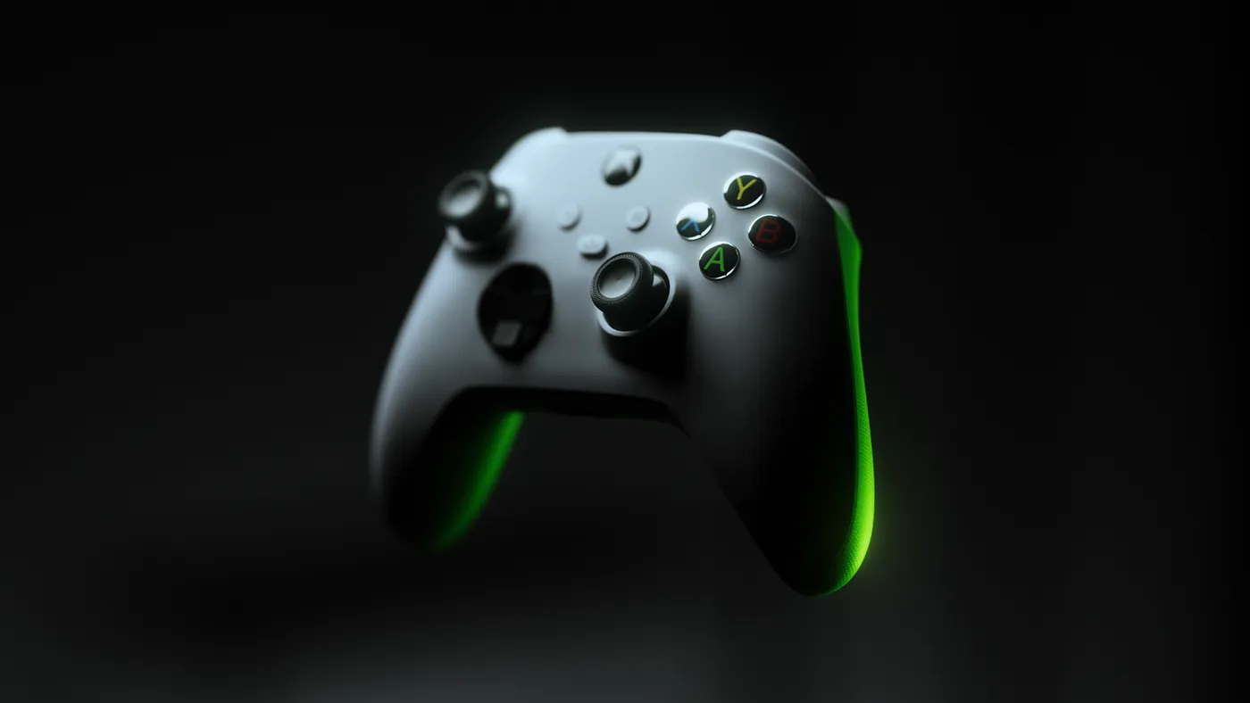 Opening shot of the XBOX accessible packaging film: a green light line traces the dark box in a cinematic 3D rendering
