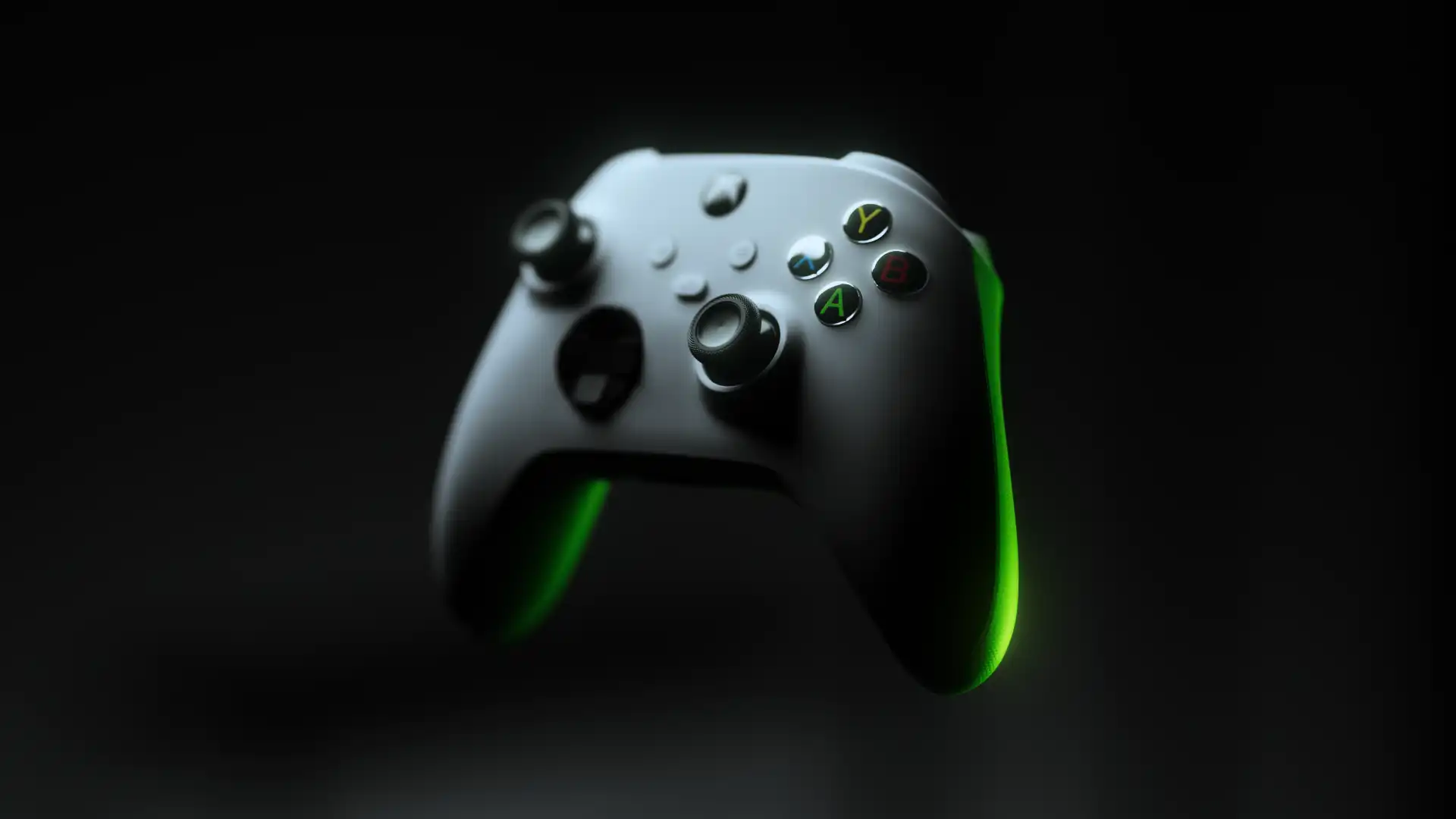 Opening shot of the XBOX accessible packaging film: a green light line traces the dark box in a cinematic 3D rendering