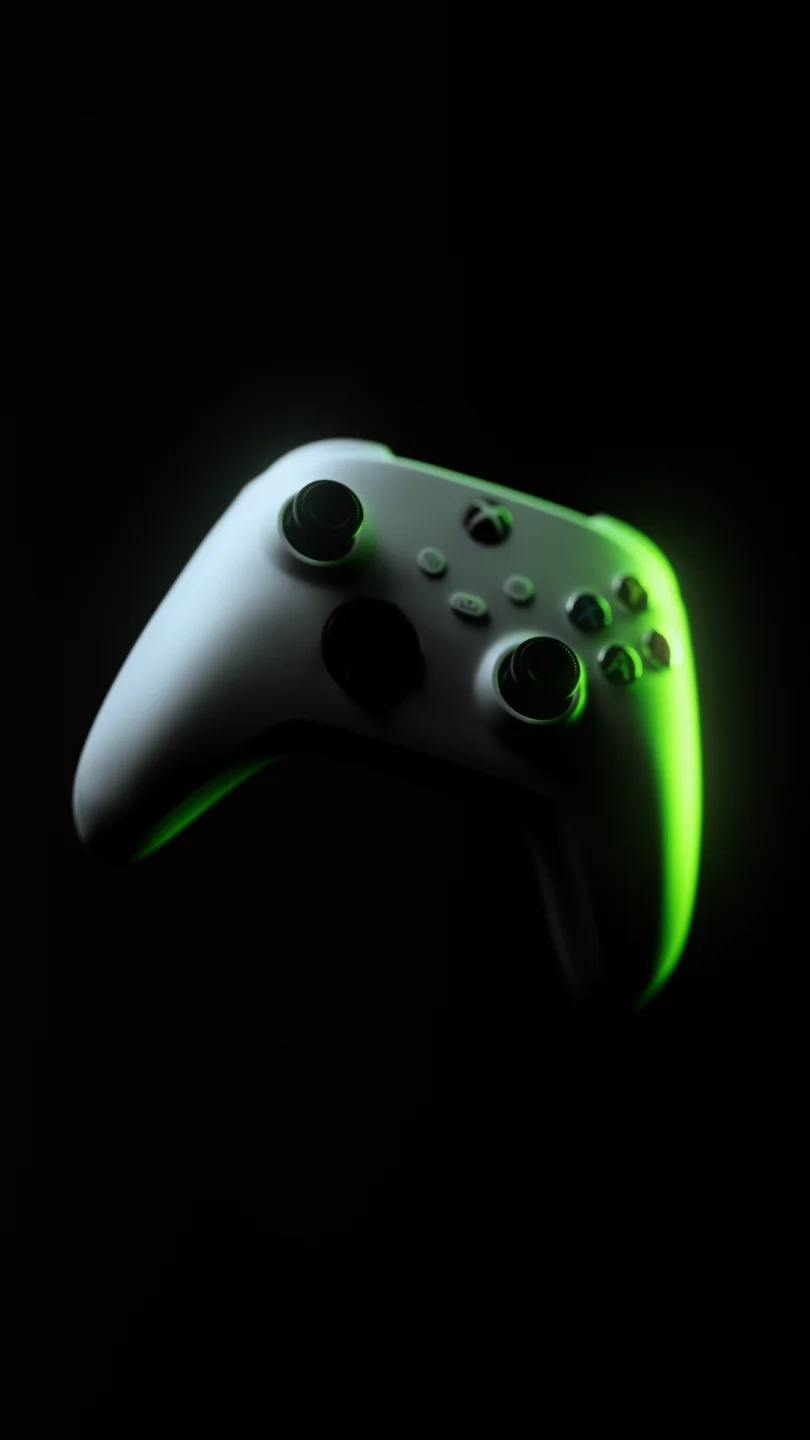 White XBOX controller floating in darkness with green rim light along its grips, photoreal 3D rendering