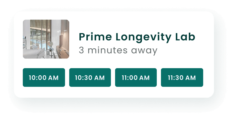 Appointment options for Prime Longevity Lab 3 minutes away at 10:00, 10:30, 11:00, and 11:30 AM.