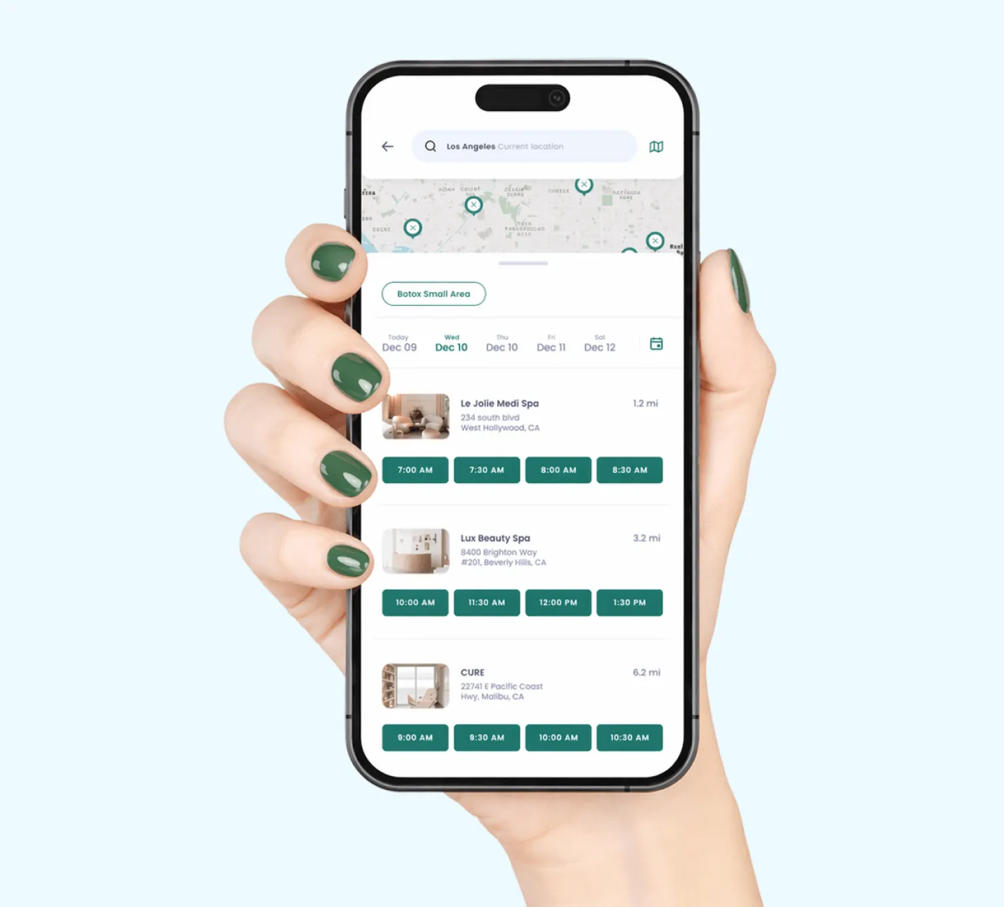 Hand holding phone showing app with Botox small area bookings in Los Angeles with times and spa locations.