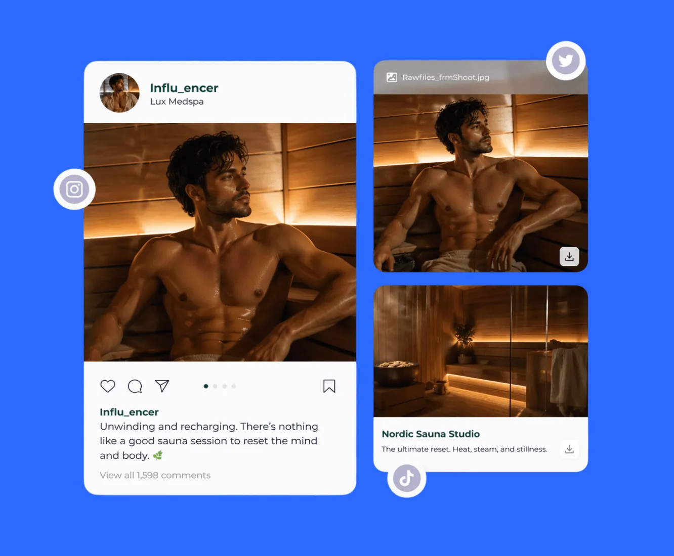 Muscular man relaxing shirtless inside a warm, wooden sauna with dim lighting.