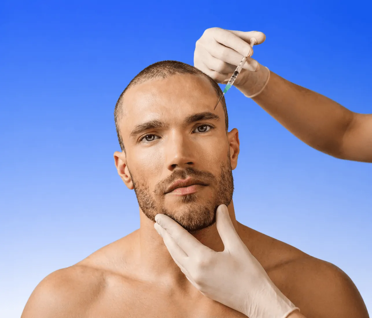 Man receiving a cosmetic injection in his forehead from a gloved hand against blue background.