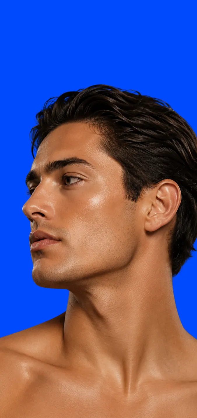 Close-up of a man with dark curly hair in a white textured shirt against a blue background.