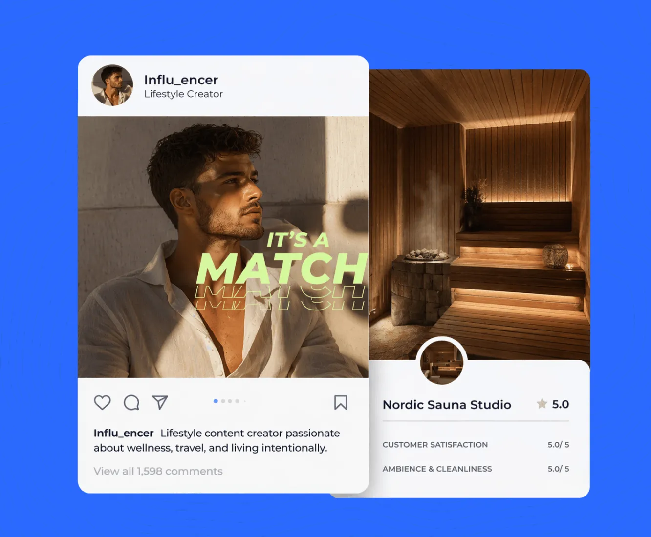Social post of man with text "It's a match" and sauna rating with 5-star Nordic Sauna Studio review.