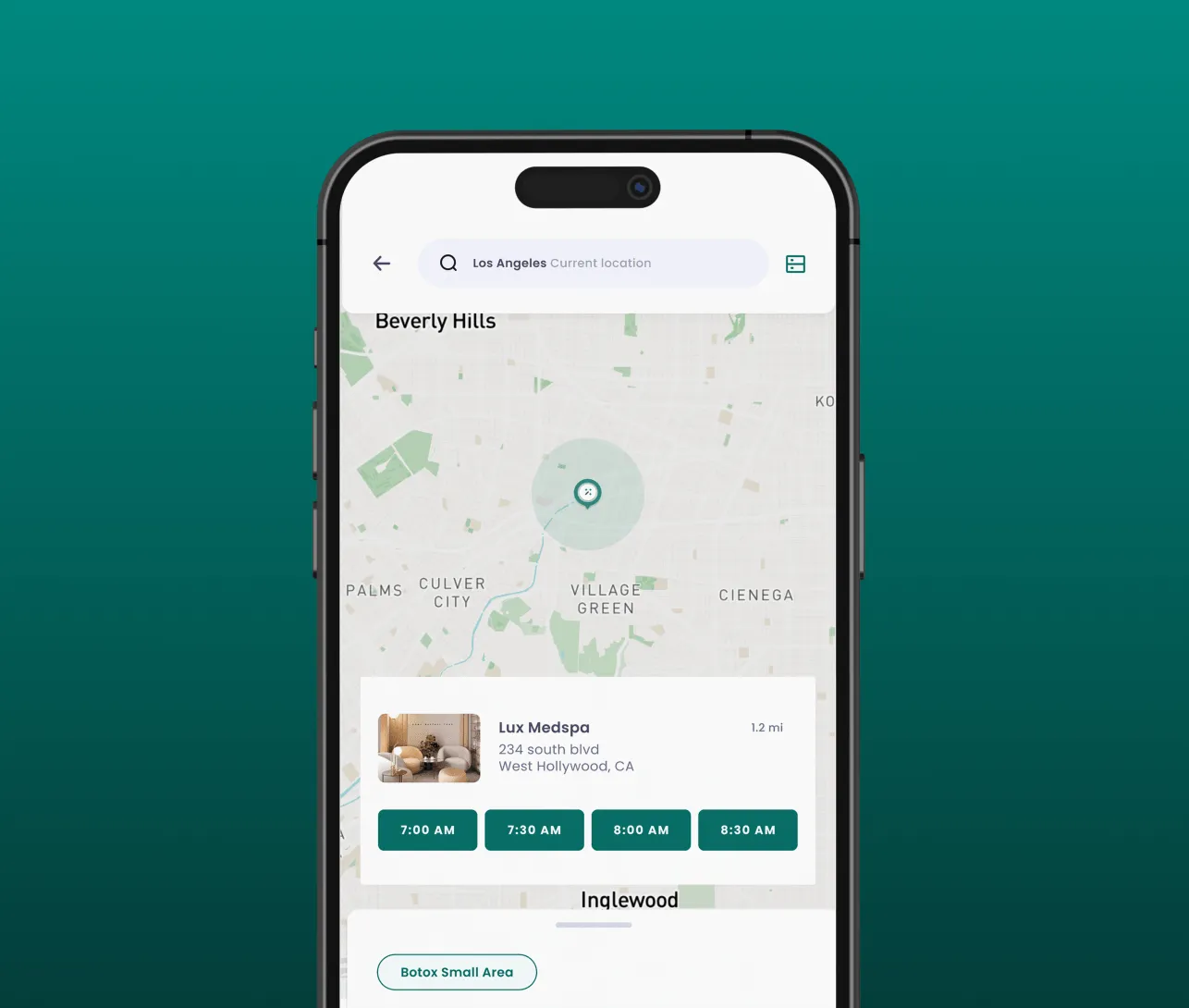 Phone map showing Lux Medspa in West Hollywood with available appointment times from 7:00 to 8:30 AM.