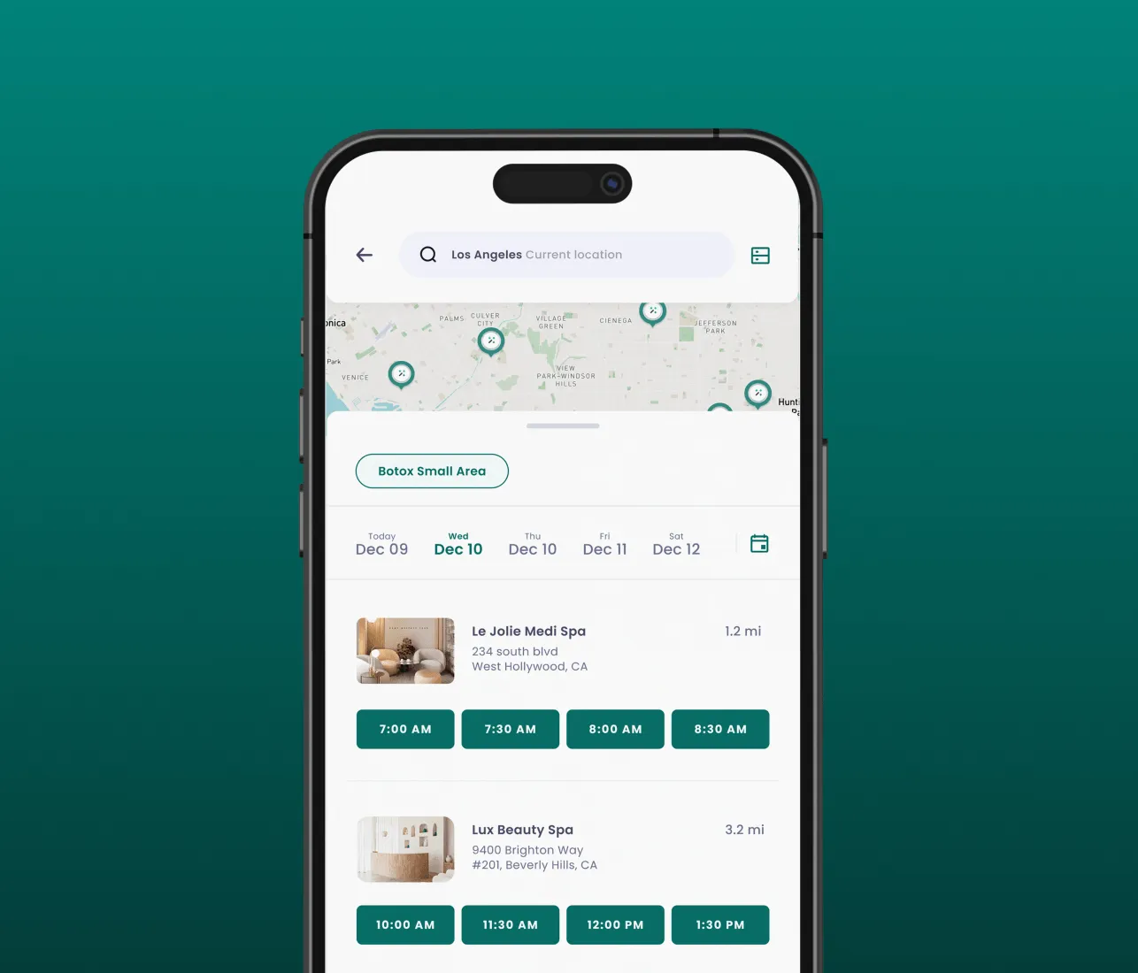 Mobile app showing Botox appointment options and available times in Los Angeles area spas.