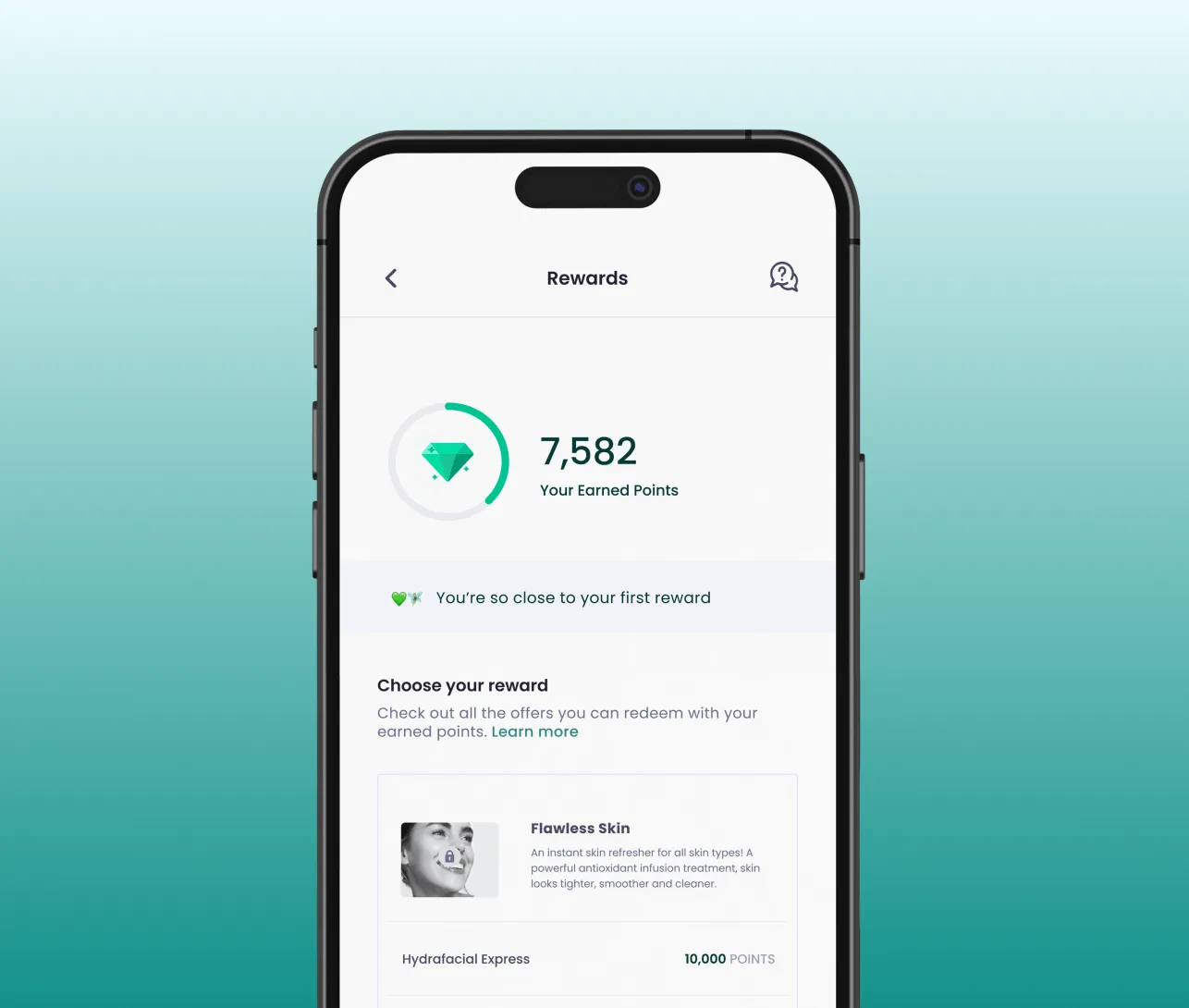 Mobile app showing 7,582 rewards points earned and a locked Flawless Skin treatment redeemable at 10,000 points.