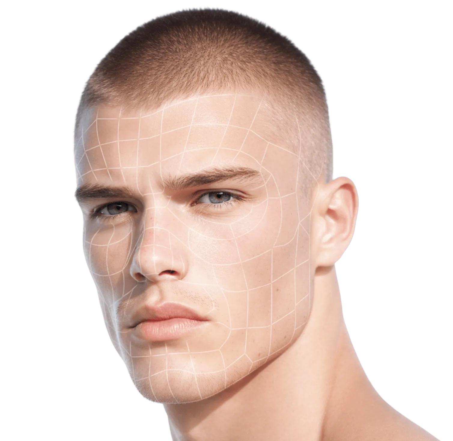 Close-up of a young man with short hair and facial mapping grid lines on his face.