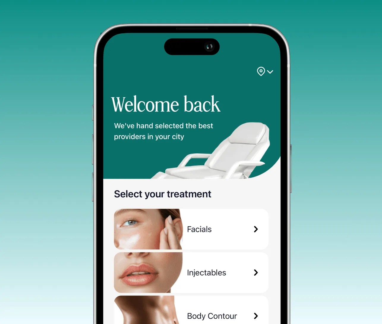 Mobile screen showing a wellness app with options to select treatments: facials, injectables, and body contour.
