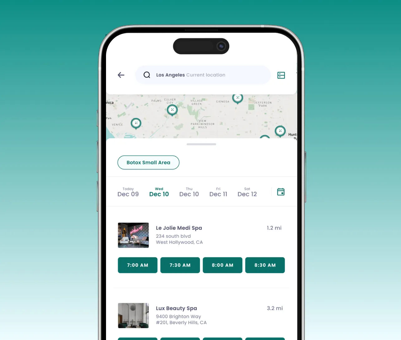 Mobile app screen showing Botox Small Area treatments with locations, dates, and available morning times.