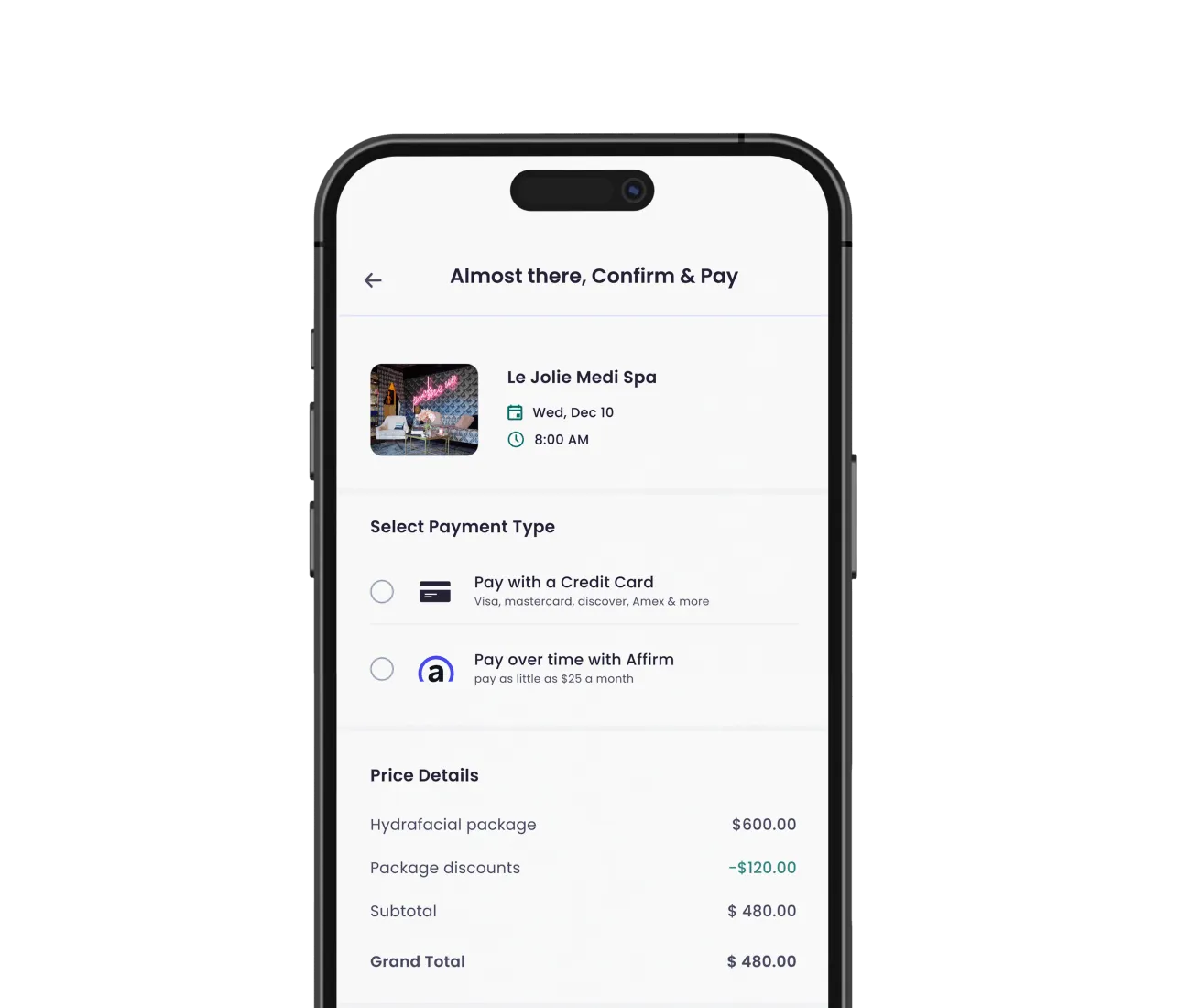 Mobile screen showing spa booking summary with payment options and price details for a Hydrafacial package.