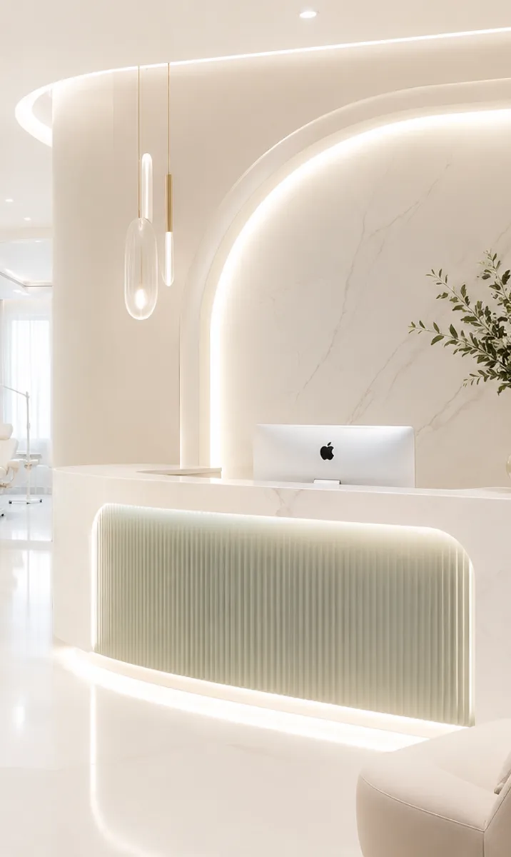 Modern white reception desk with curved light feature, Apple computer, and hanging pendant lights.