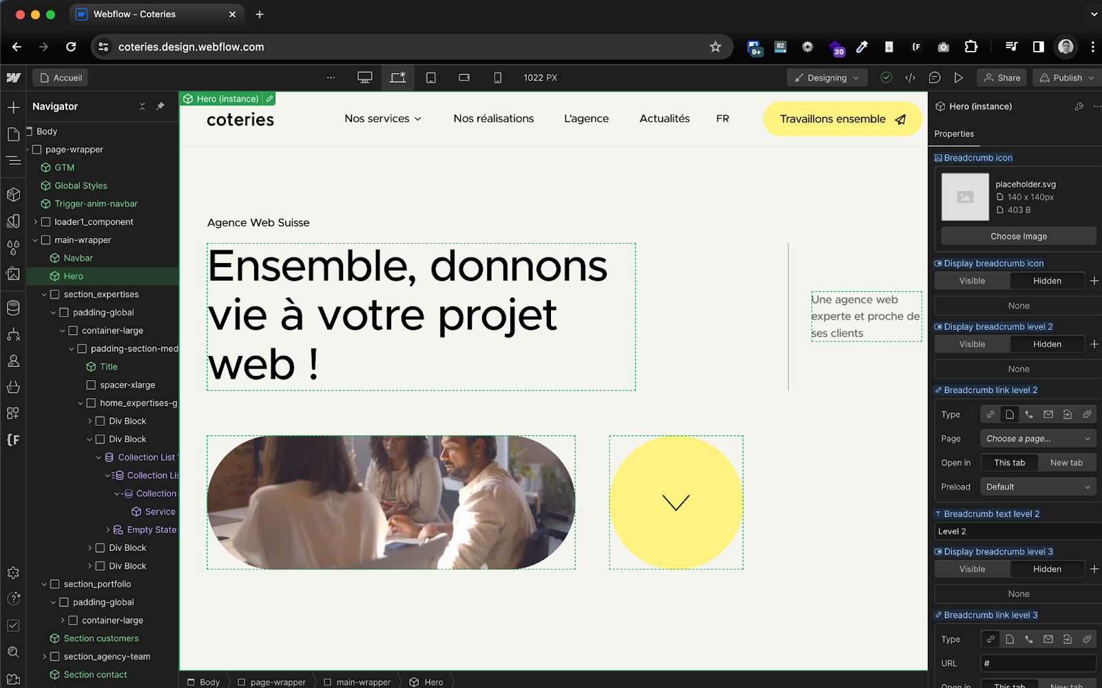 Aperçu du Designer Webflow