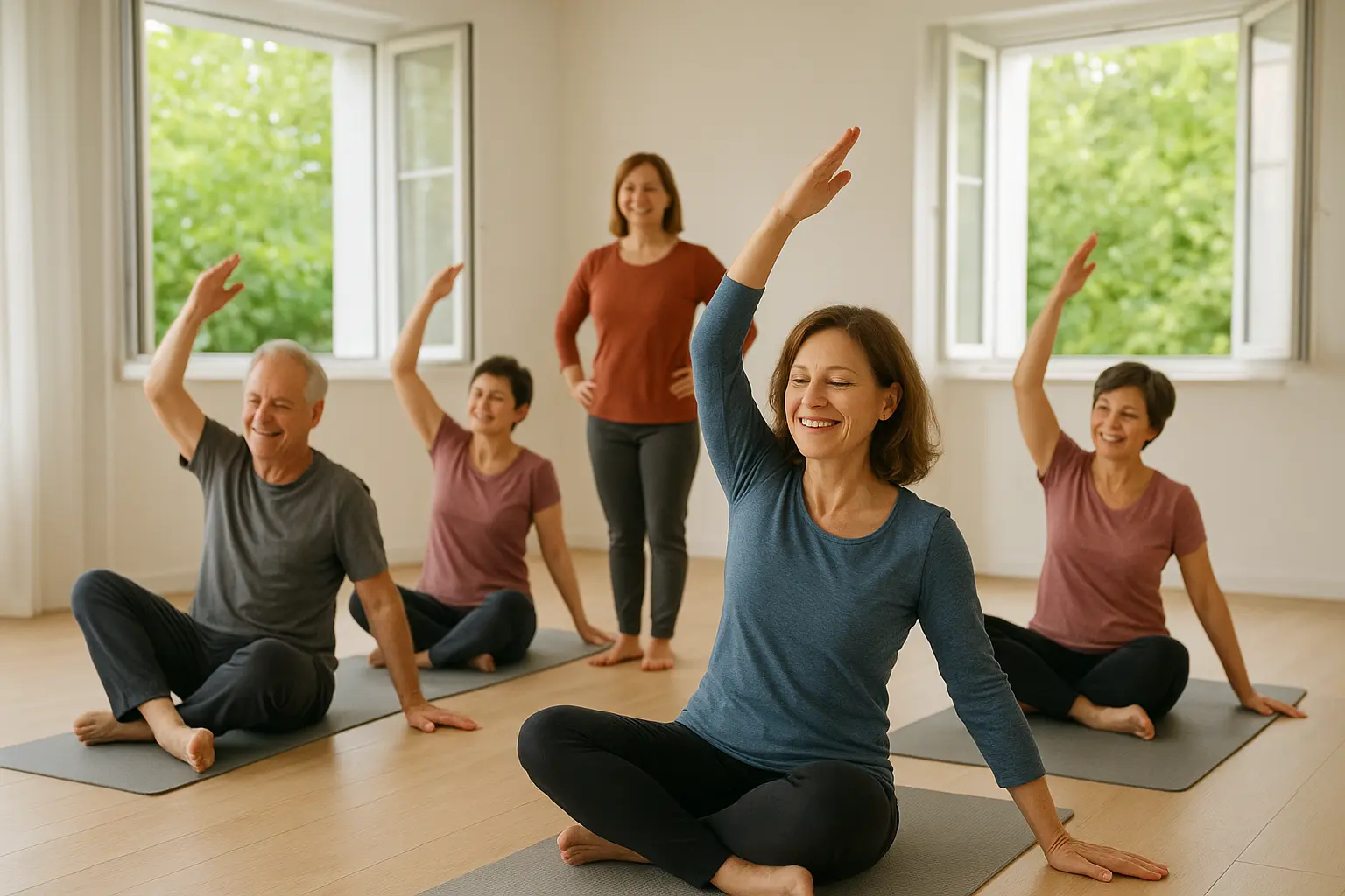 Eine Gruppe an Menschen, die auf Yogamatten sitzen
