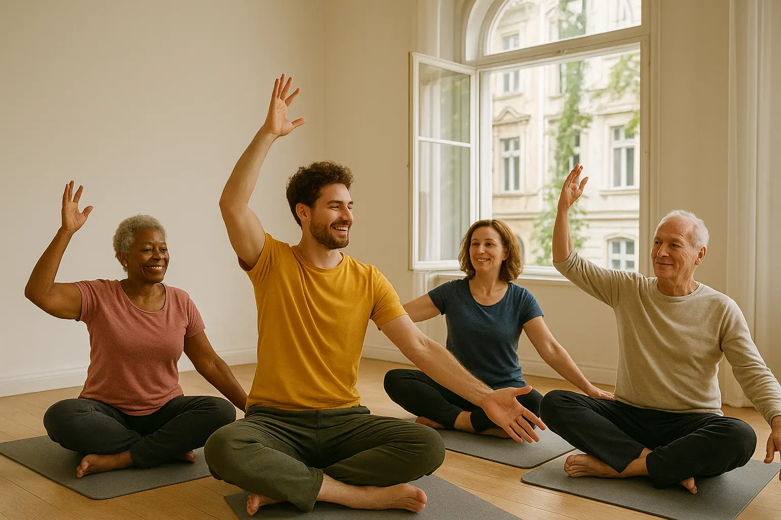 Eine Gruppe an Menschen, die im Schneidersitz zitzen und den Arm heben. Im Hintergrund ein offenes Fenster.