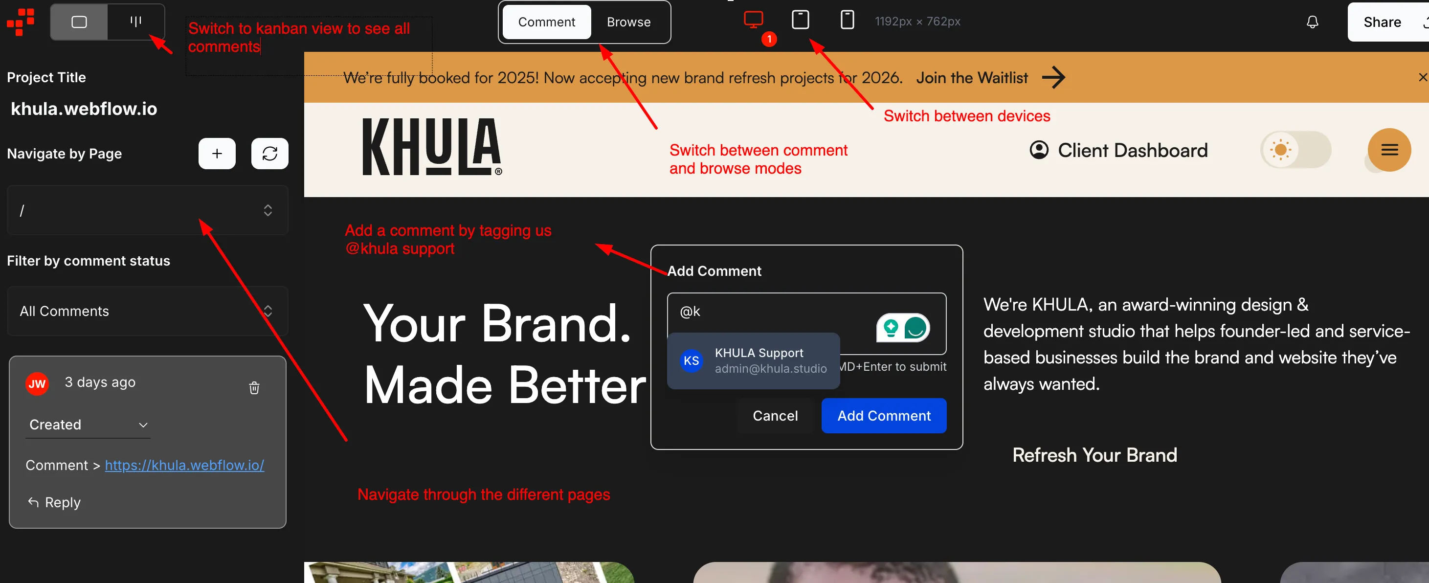 Interface of Khula Webflow project with navigation, comment filtering, and add comment form showing options to switch views, devices, and browse modes.